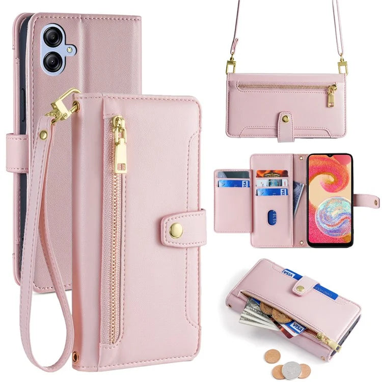 For Samsung Galaxy A04e 4G / F04 4G / M04 4G Phone Case Anti-fall 6 Card Slots Cover with Crossbody Strap