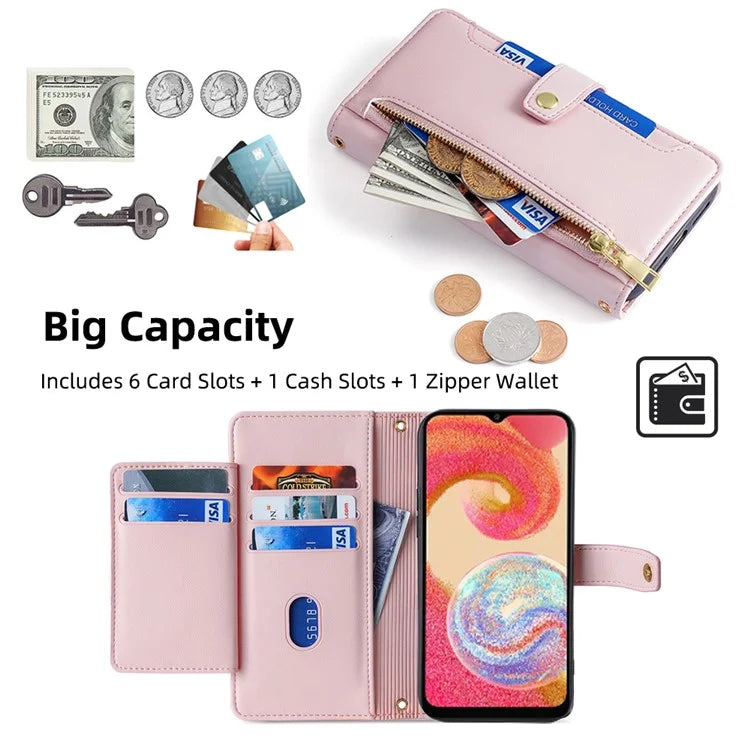 For Samsung Galaxy A04e 4G / F04 4G / M04 4G Phone Case Anti-fall 6 Card Slots Cover with Crossbody Strap