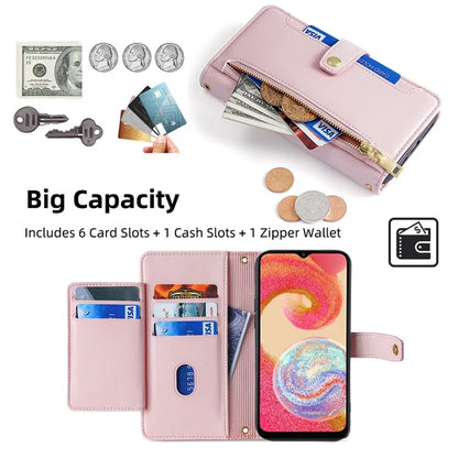 For Samsung Galaxy A04e 4G / F04 4G / M04 4G Phone Case Anti-fall 6 Card Slots Cover with Crossbody Strap