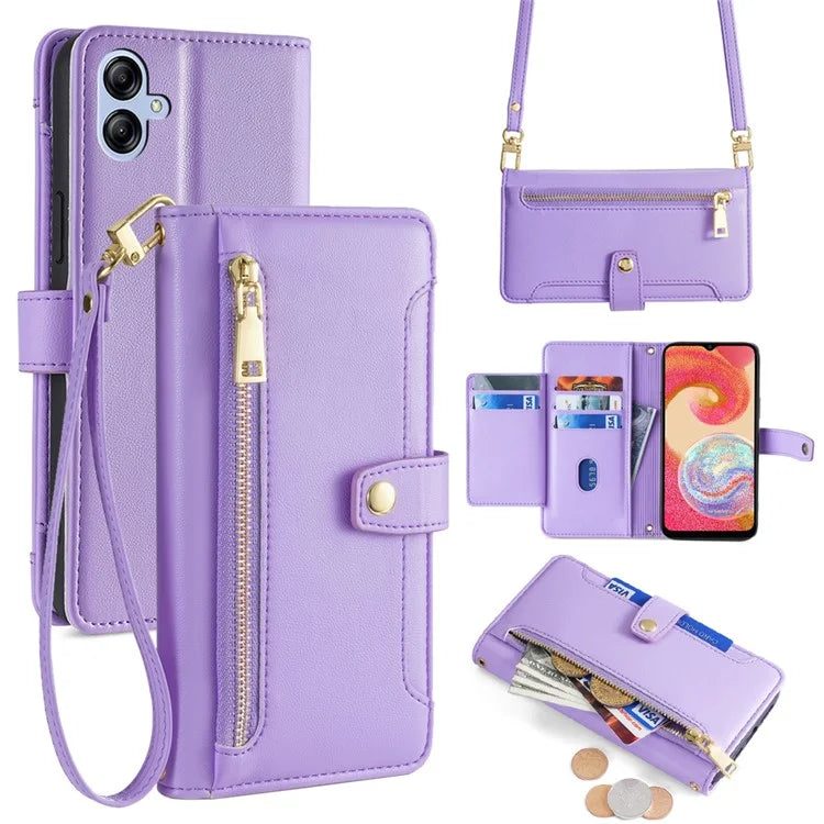 For Samsung Galaxy A04e 4G / F04 4G / M04 4G Phone Case Anti-fall 6 Card Slots Cover with Crossbody Strap