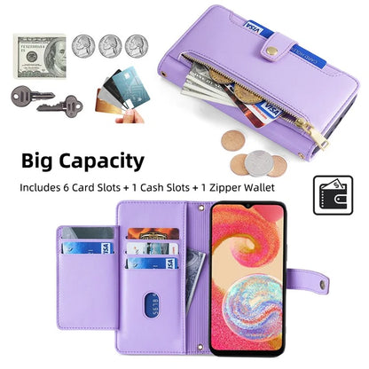 For Samsung Galaxy A04e 4G / F04 4G / M04 4G Phone Case Anti-fall 6 Card Slots Cover with Crossbody Strap