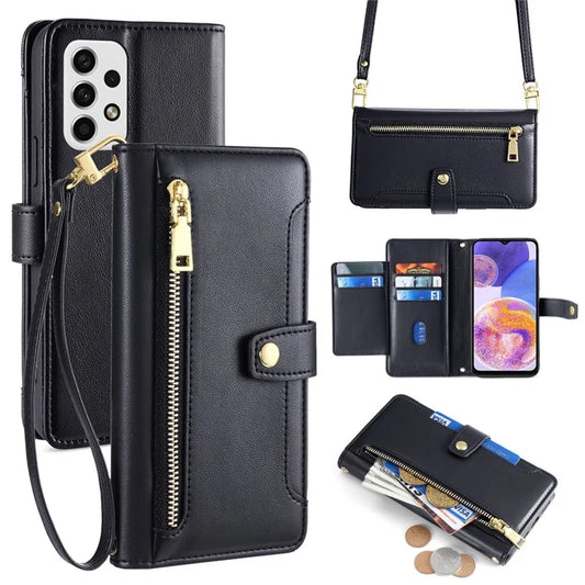 For Samsung Galaxy A23 5G (Global Version) Magnetic Phone Case PU Leather Stand Cover with Wrist Strap
