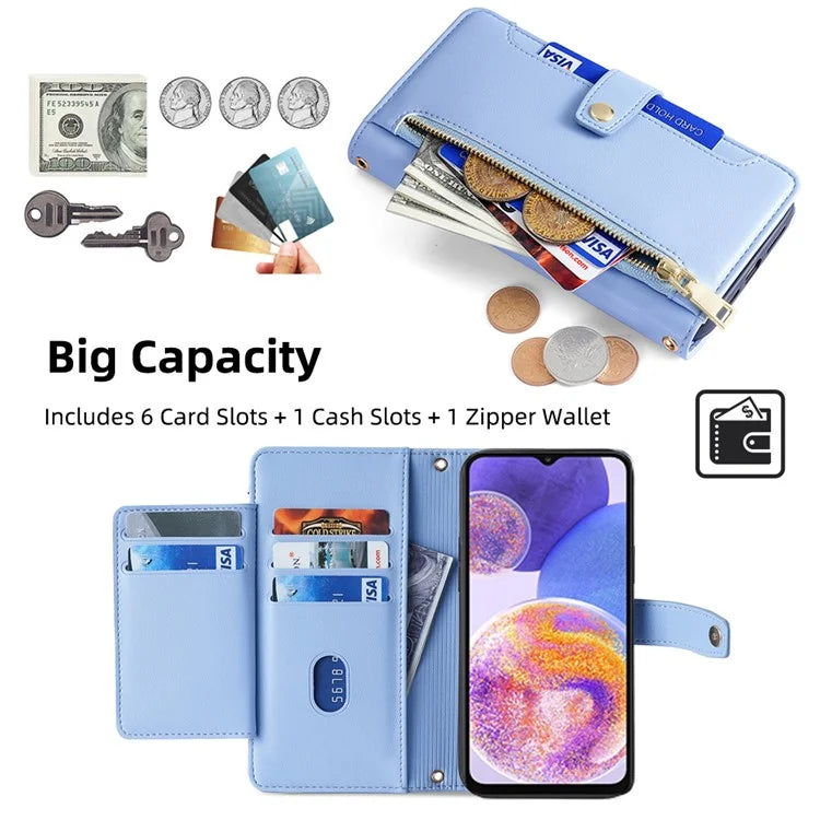 For Samsung Galaxy A23 5G (Global Version) Magnetic Phone Case PU Leather Stand Cover with Wrist Strap