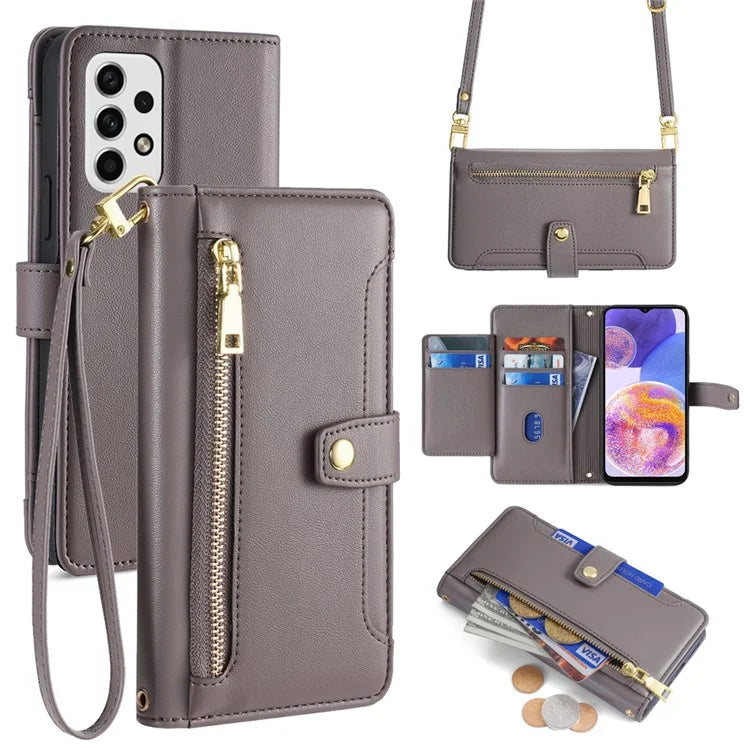 For Samsung Galaxy A23 5G (Global Version) Magnetic Phone Case PU Leather Stand Cover with Wrist Strap