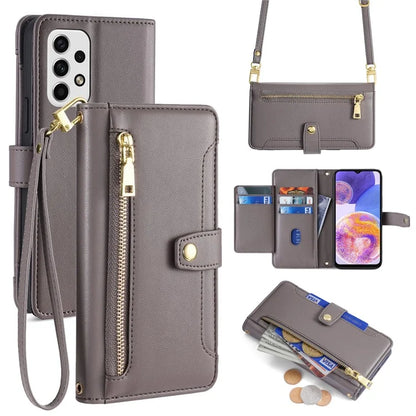 For Samsung Galaxy A23 5G (Global Version) Magnetic Phone Case PU Leather Stand Cover with Wrist Strap