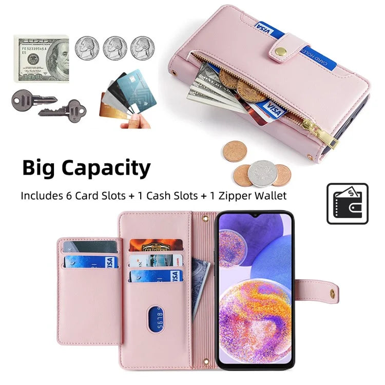 For Samsung Galaxy A23 5G (Global Version) Magnetic Phone Case PU Leather Stand Cover with Wrist Strap