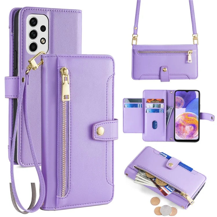 For Samsung Galaxy A23 5G (Global Version) Magnetic Phone Case PU Leather Stand Cover with Wrist Strap