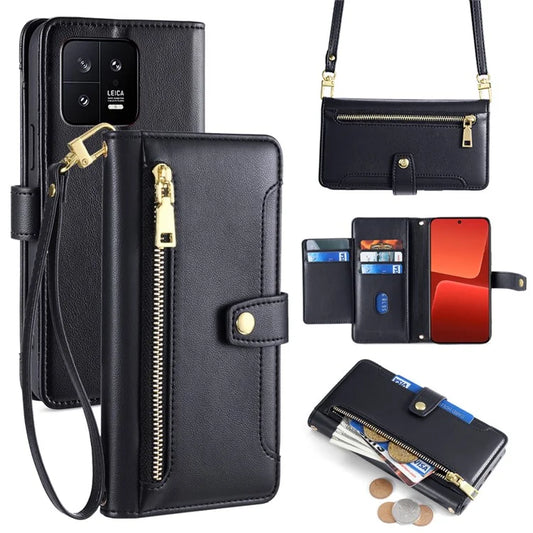 For Xiaomi 13 Case PU Leather Crossbody Phone Protector with Shoulder Wrist Straps