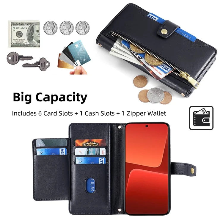 For Xiaomi 13 Case PU Leather Crossbody Phone Protector with Shoulder Wrist Straps