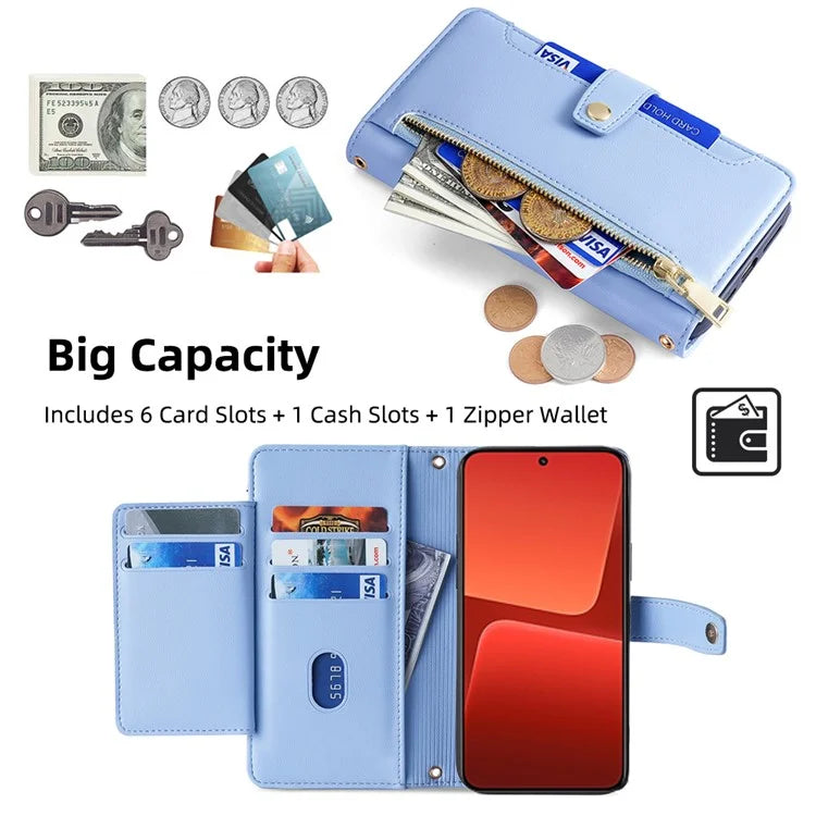 For Xiaomi 13 Case PU Leather Crossbody Phone Protector with Shoulder Wrist Straps