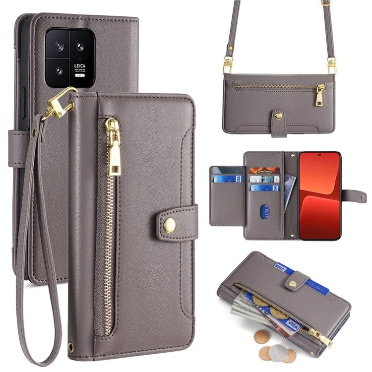 For Xiaomi 13 Case PU Leather Crossbody Phone Protector with Shoulder Wrist Straps