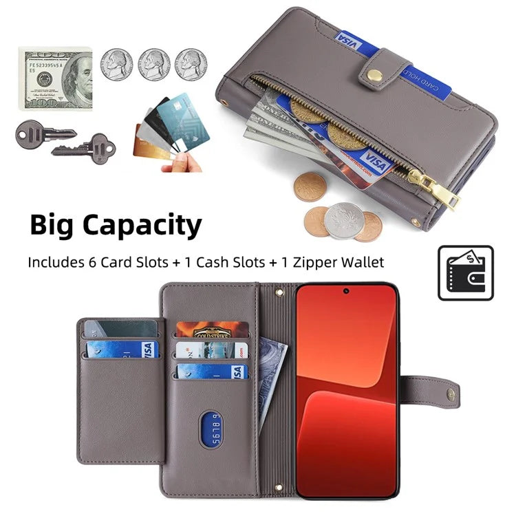 For Xiaomi 13 Case PU Leather Crossbody Phone Protector with Shoulder Wrist Straps