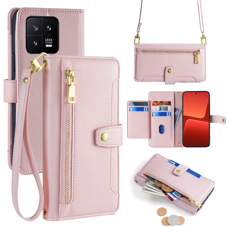 For Xiaomi 13 Case PU Leather Crossbody Phone Protector with Shoulder Wrist Straps