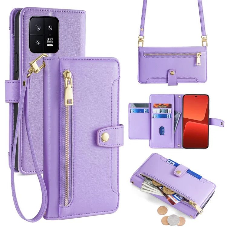 For Xiaomi 13 Case PU Leather Crossbody Phone Protector with Shoulder Wrist Straps