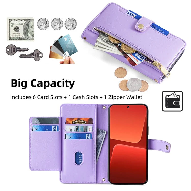 For Xiaomi 13 Case PU Leather Crossbody Phone Protector with Shoulder Wrist Straps