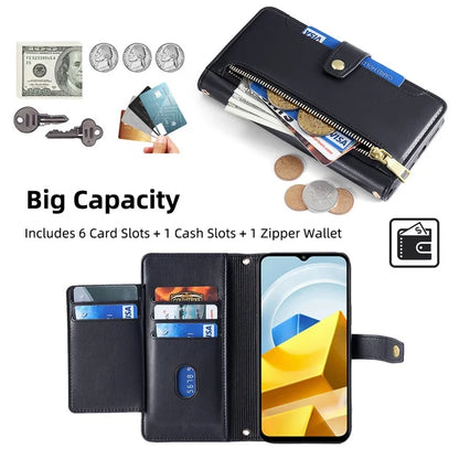 For Xiaomi Poco M5 4G Zipper Pocket Case Drop-proof 6 Card Slots Protective Cover
