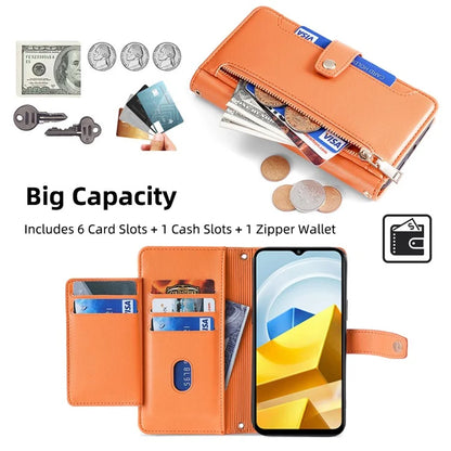 For Xiaomi Poco M5 4G Zipper Pocket Case Drop-proof 6 Card Slots Protective Cover