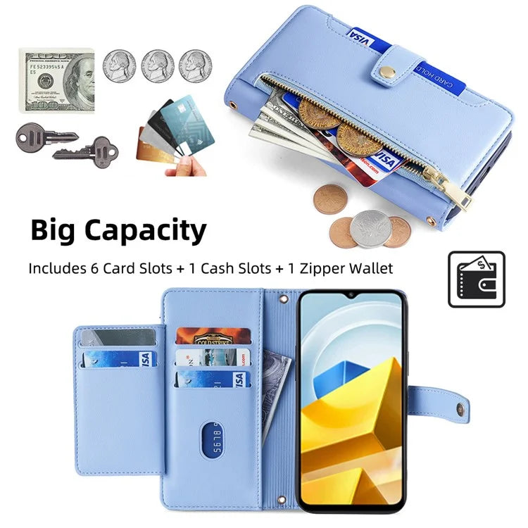 For Xiaomi Poco M5 4G Zipper Pocket Case Drop-proof 6 Card Slots Protective Cover