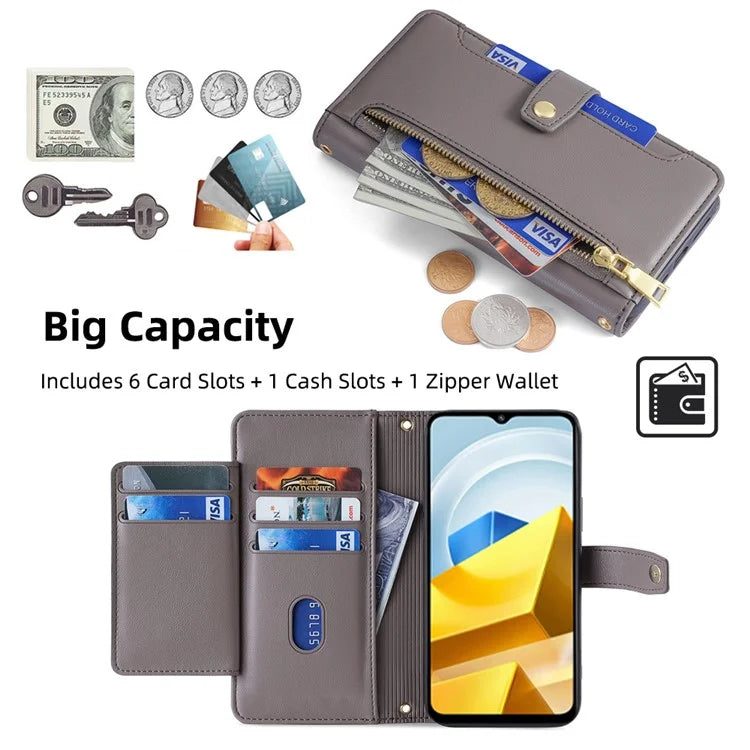 For Xiaomi Poco M5 4G Zipper Pocket Case Drop-proof 6 Card Slots Protective Cover