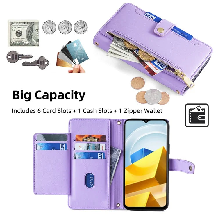 For Xiaomi Poco M5 4G Zipper Pocket Case Drop-proof 6 Card Slots Protective Cover