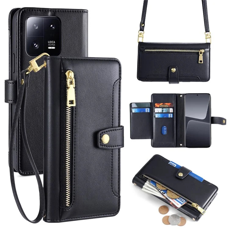 For Xiaomi 13 Pro 5G Case Leather Hardware Buckle Phone Stand Cover with 2 Straps