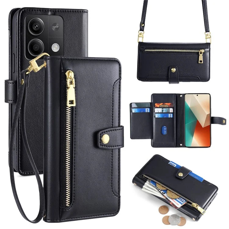 For Xiaomi Redmi Note 13 5G Crossbody Phone Case Zipper Pocket PU Leather Cover