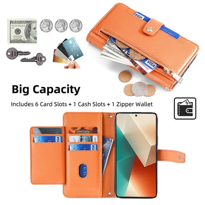 For Xiaomi Redmi Note 13 5G Crossbody Phone Case Zipper Pocket PU Leather Cover