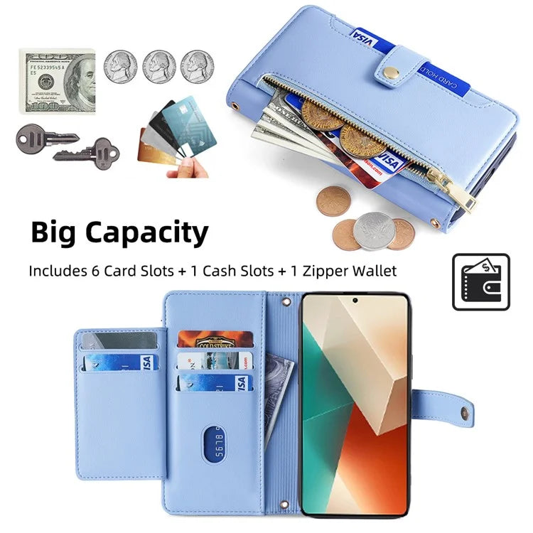 For Xiaomi Redmi Note 13 5G Crossbody Phone Case Zipper Pocket PU Leather Cover