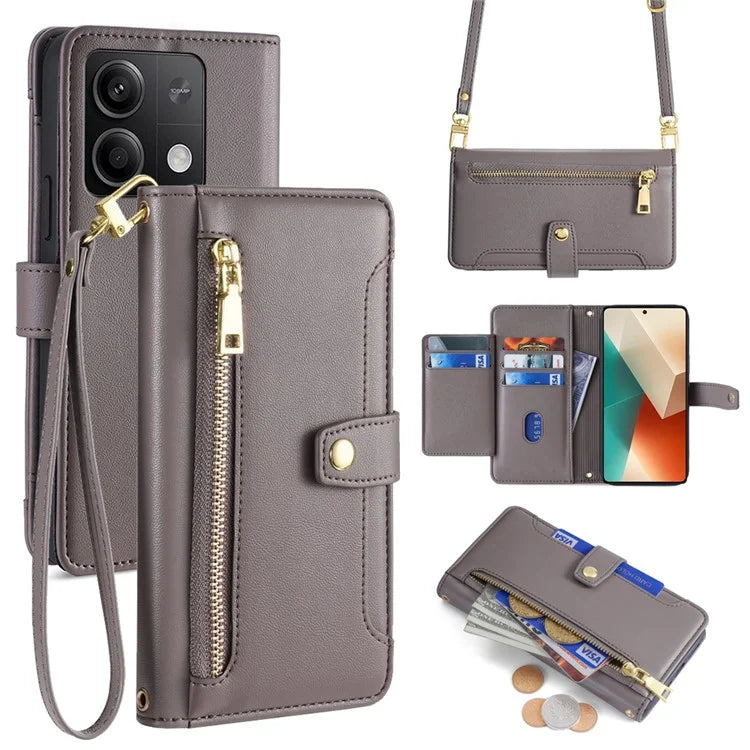 For Xiaomi Redmi Note 13 5G Crossbody Phone Case Zipper Pocket PU Leather Cover