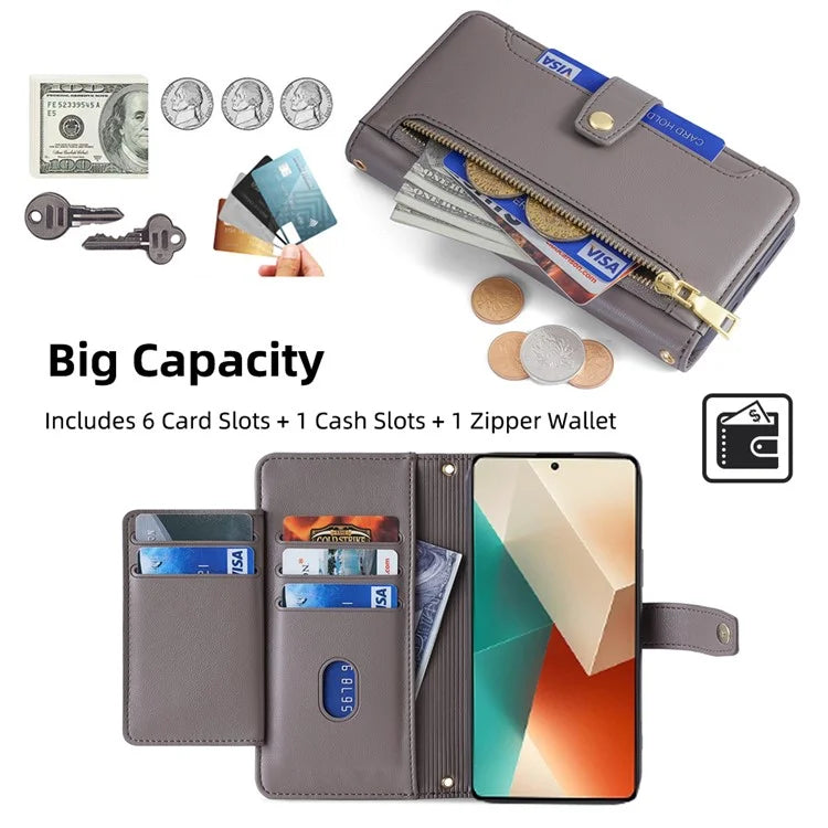 For Xiaomi Redmi Note 13 5G Crossbody Phone Case Zipper Pocket PU Leather Cover
