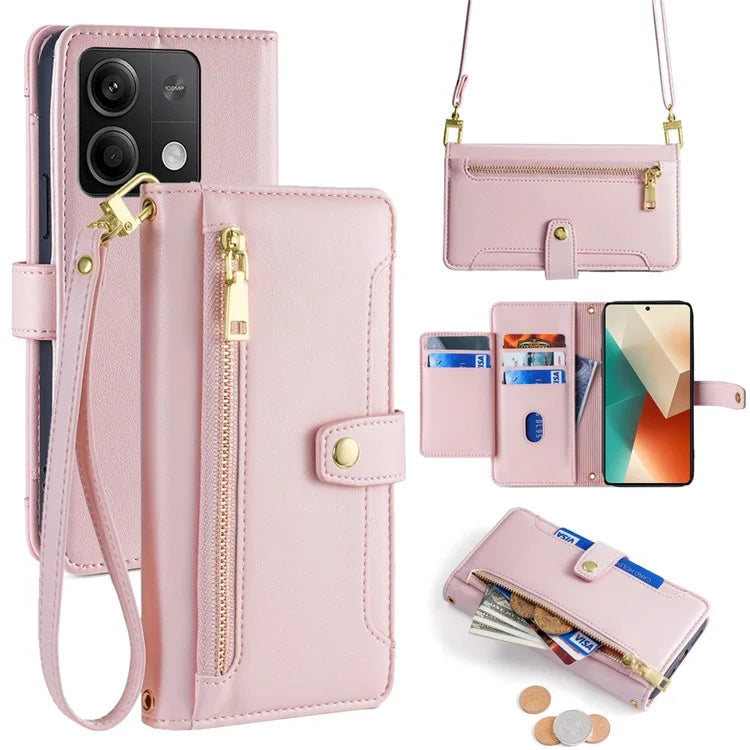 For Xiaomi Redmi Note 13 5G Crossbody Phone Case Zipper Pocket PU Leather Cover
