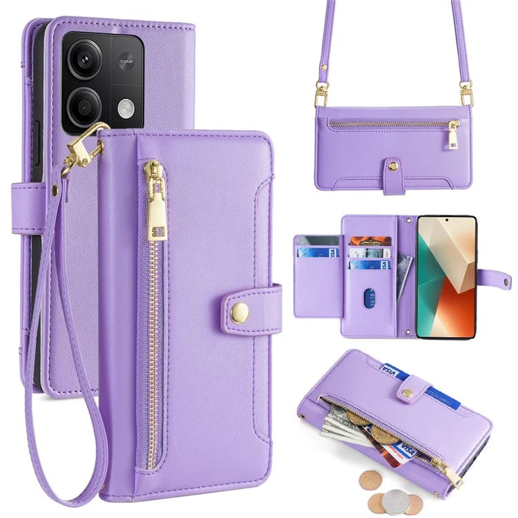 For Xiaomi Redmi Note 13 5G Crossbody Phone Case Zipper Pocket PU Leather Cover