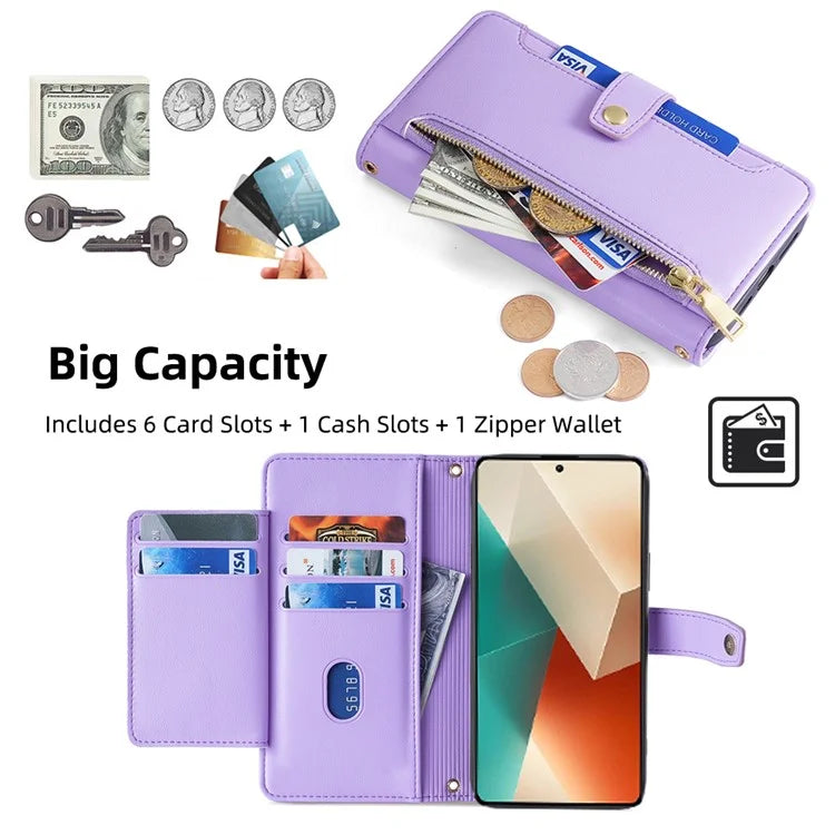 For Xiaomi Redmi Note 13 5G Crossbody Phone Case Zipper Pocket PU Leather Cover