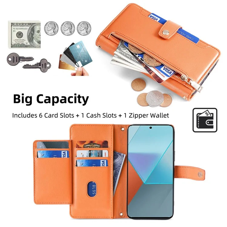 For Xiaomi Redmi Note 13 Pro 5G / Poco X6 5G Leather Case Phone Wallet Cover Zipper Pocket