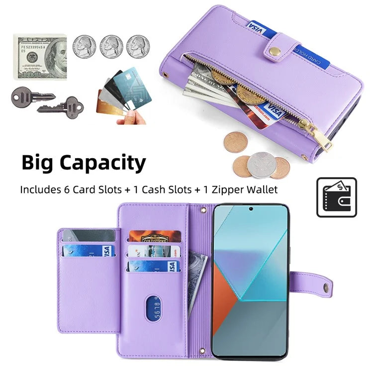 For Xiaomi Redmi Note 13 Pro 5G / Poco X6 5G Leather Case Phone Wallet Cover Zipper Pocket
