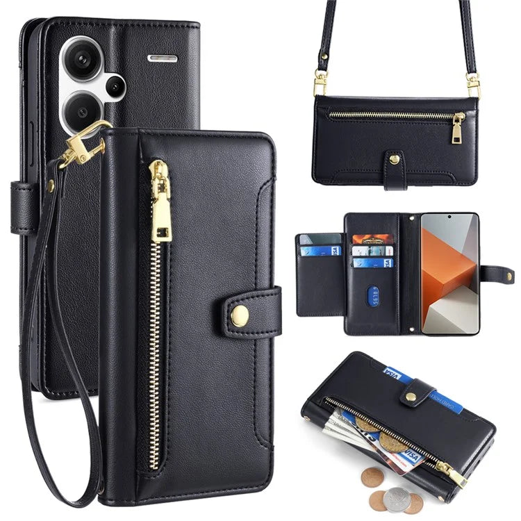 For Xiaomi Redmi Note 13 Pro+ 5G Leather Case Zipper Phone Cover with 2 Straps