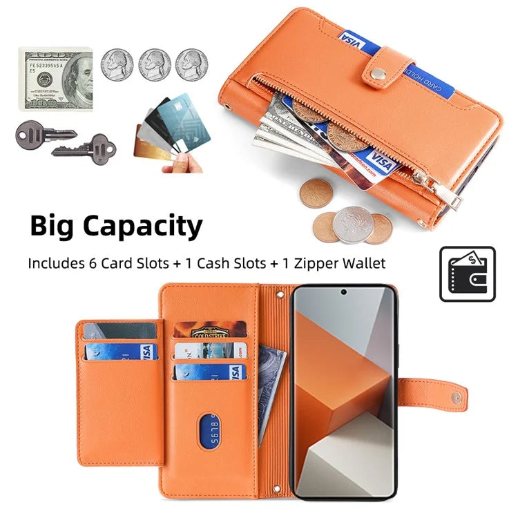 For Xiaomi Redmi Note 13 Pro+ 5G Leather Case Zipper Phone Cover with 2 Straps