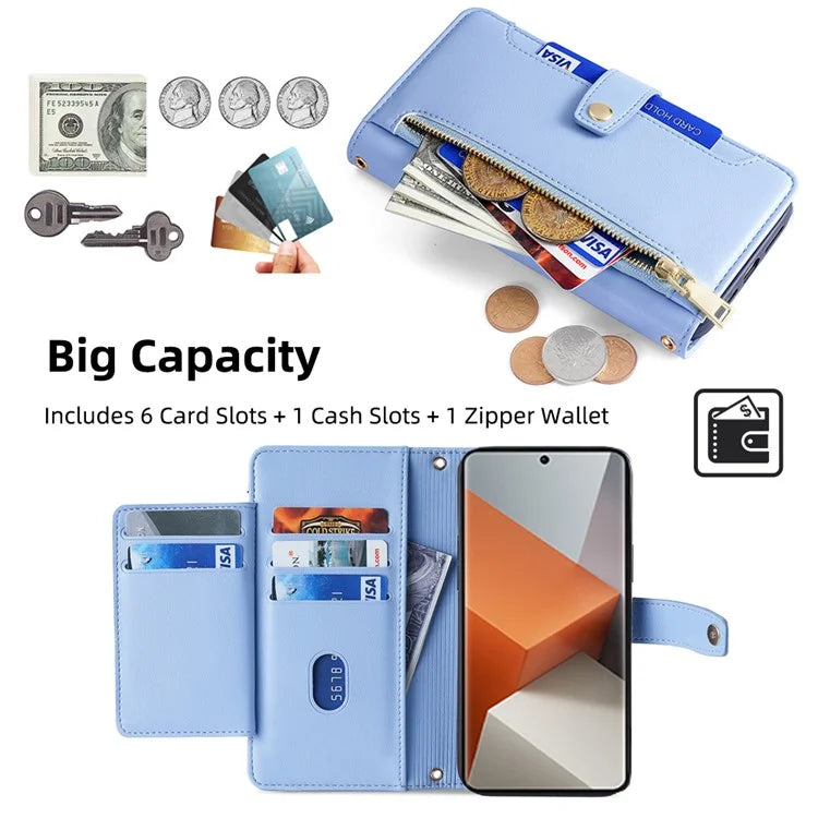 For Xiaomi Redmi Note 13 Pro+ 5G Leather Case Zipper Phone Cover with 2 Straps