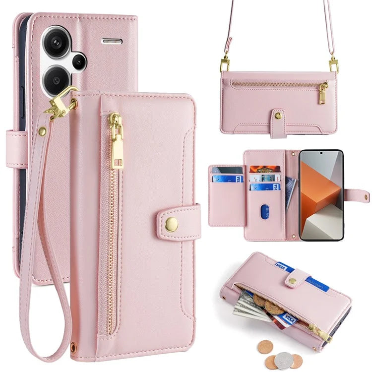 For Xiaomi Redmi Note 13 Pro+ 5G Leather Case Zipper Phone Cover with 2 Straps