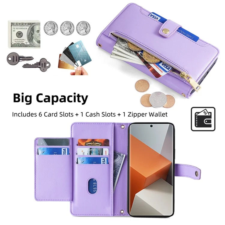 For Xiaomi Redmi Note 13 Pro+ 5G Leather Case Zipper Phone Cover with 2 Straps