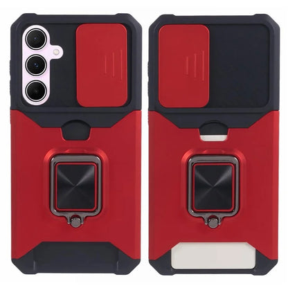 For Samsung Galaxy A55 5G Case PC+TPU Card Holder Phone Kickstand Cover with Slide Lens Lid