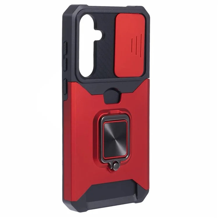 For Samsung Galaxy A55 5G Case PC+TPU Card Holder Phone Kickstand Cover with Slide Lens Lid
