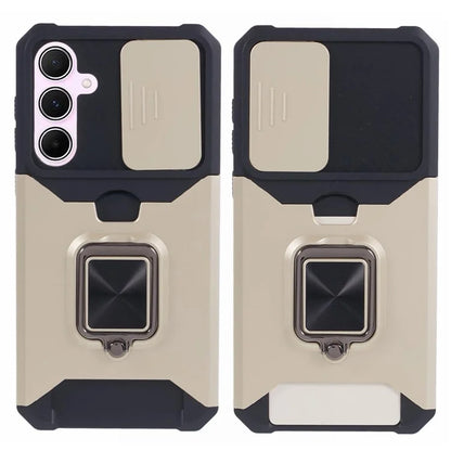 For Samsung Galaxy A55 5G Case PC+TPU Card Holder Phone Kickstand Cover with Slide Lens Lid