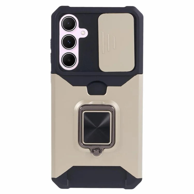 For Samsung Galaxy A55 5G Case PC+TPU Card Holder Phone Kickstand Cover with Slide Lens Lid