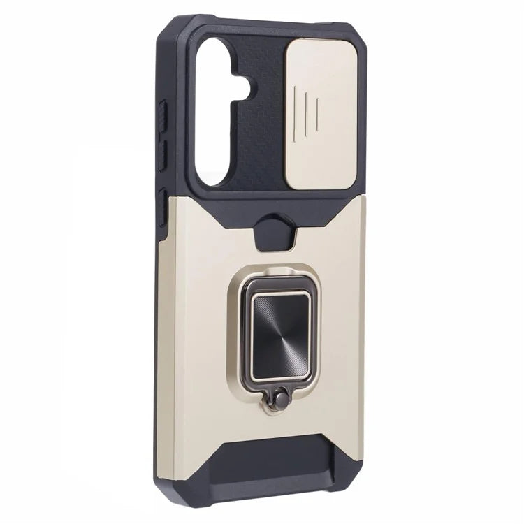 For Samsung Galaxy A55 5G Case PC+TPU Card Holder Phone Kickstand Cover with Slide Lens Lid