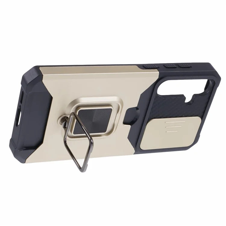 For Samsung Galaxy A55 5G Case PC+TPU Card Holder Phone Kickstand Cover with Slide Lens Lid