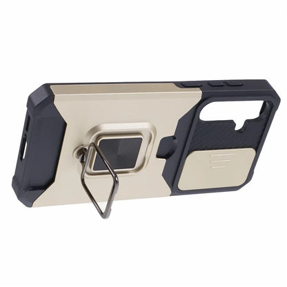 For Samsung Galaxy A55 5G Case PC+TPU Card Holder Phone Kickstand Cover with Slide Lens Lid