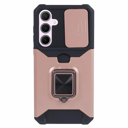 For Samsung Galaxy A55 5G Case PC+TPU Card Holder Phone Kickstand Cover with Slide Lens Lid