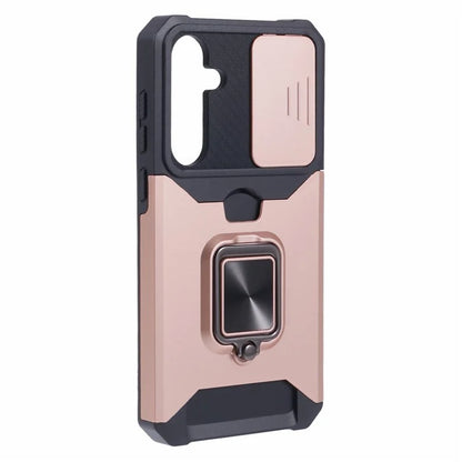 For Samsung Galaxy A55 5G Case PC+TPU Card Holder Phone Kickstand Cover with Slide Lens Lid