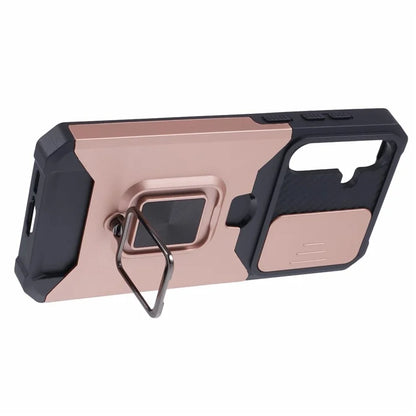 For Samsung Galaxy A55 5G Case PC+TPU Card Holder Phone Kickstand Cover with Slide Lens Lid